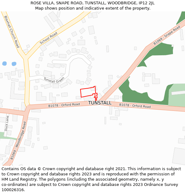 ROSE VILLA, SNAPE ROAD, TUNSTALL, WOODBRIDGE, IP12 2JL: Location map and indicative extent of plot