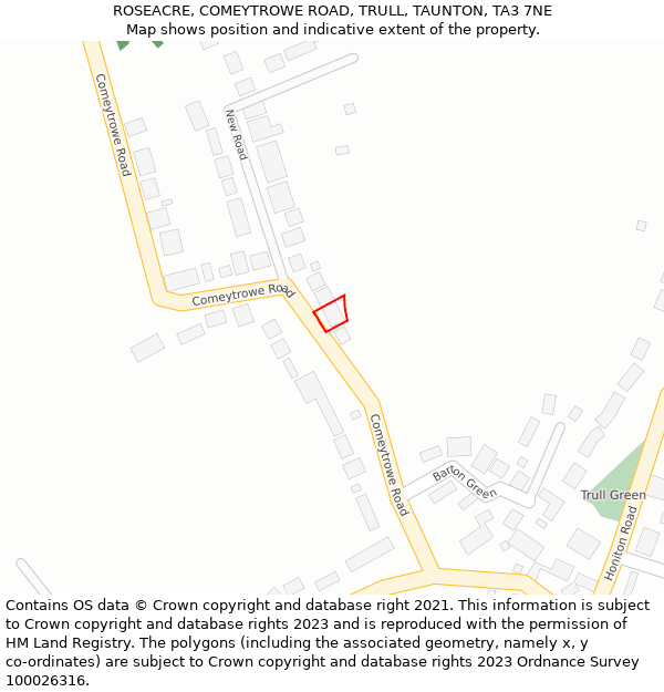 ROSEACRE, COMEYTROWE ROAD, TRULL, TAUNTON, TA3 7NE: Location map and indicative extent of plot