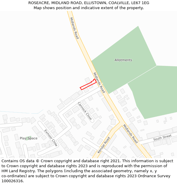 ROSEACRE, MIDLAND ROAD, ELLISTOWN, COALVILLE, LE67 1EG: Location map and indicative extent of plot