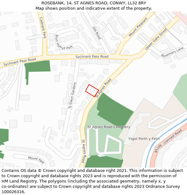 ROSEBANK, 14, ST AGNES ROAD, CONWY, LL32 8RY: Location map and indicative extent of plot