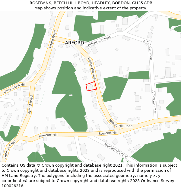 ROSEBANK, BEECH HILL ROAD, HEADLEY, BORDON, GU35 8DB: Location map and indicative extent of plot