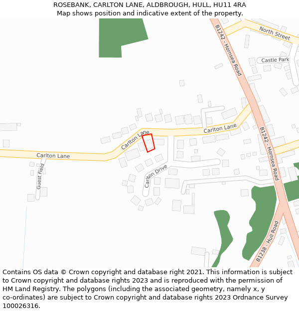 ROSEBANK, CARLTON LANE, ALDBROUGH, HULL, HU11 4RA: Location map and indicative extent of plot
