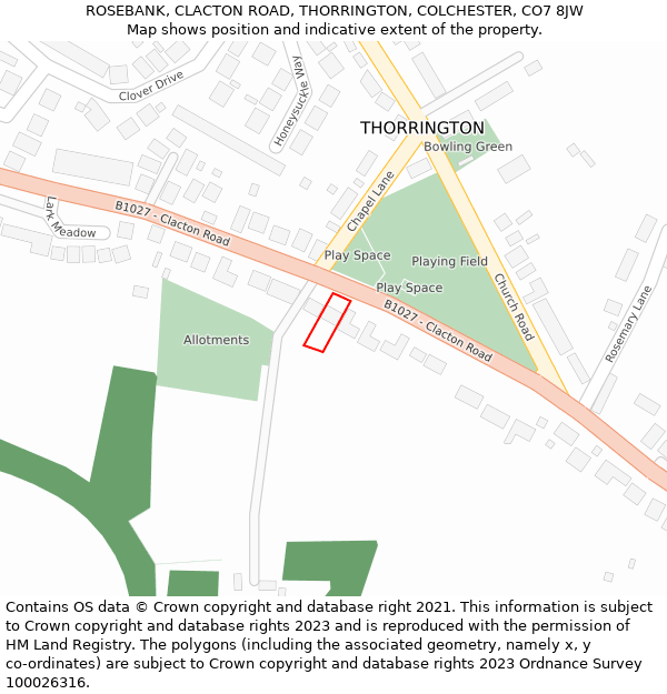 ROSEBANK, CLACTON ROAD, THORRINGTON, COLCHESTER, CO7 8JW: Location map and indicative extent of plot