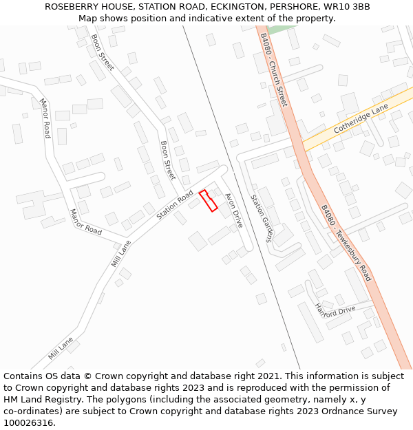ROSEBERRY HOUSE, STATION ROAD, ECKINGTON, PERSHORE, WR10 3BB: Location map and indicative extent of plot