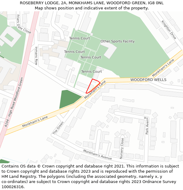 ROSEBERRY LODGE, 2A, MONKHAMS LANE, WOODFORD GREEN, IG8 0NL: Location map and indicative extent of plot