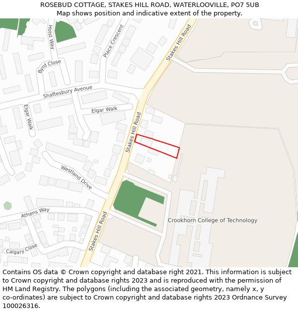 ROSEBUD COTTAGE, STAKES HILL ROAD, WATERLOOVILLE, PO7 5UB: Location map and indicative extent of plot