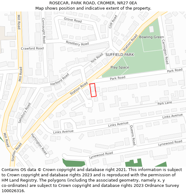 ROSECAR, PARK ROAD, CROMER, NR27 0EA: Location map and indicative extent of plot