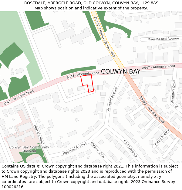 ROSEDALE, ABERGELE ROAD, OLD COLWYN, COLWYN BAY, LL29 8AS: Location map and indicative extent of plot