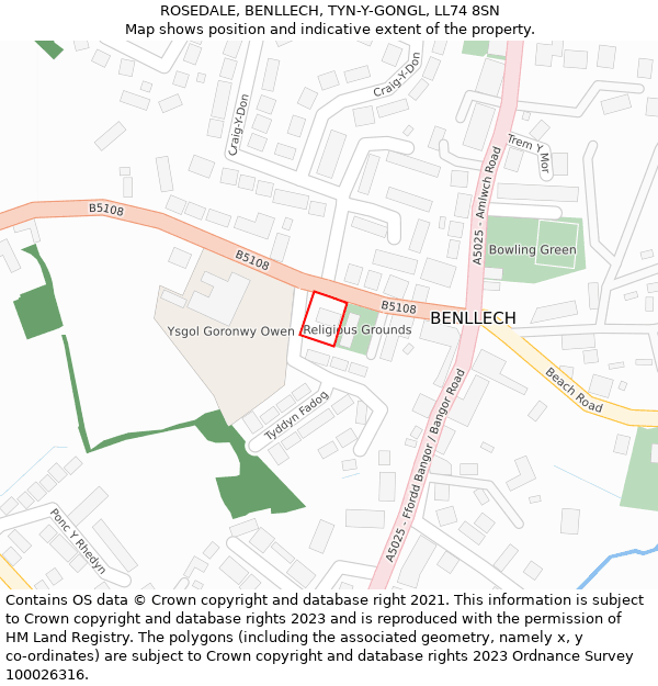 ROSEDALE, BENLLECH, TYN-Y-GONGL, LL74 8SN: Location map and indicative extent of plot