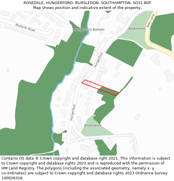 ROSEDALE, HUNGERFORD, BURSLEDON, SOUTHAMPTON, SO31 8DF: Location map and indicative extent of plot