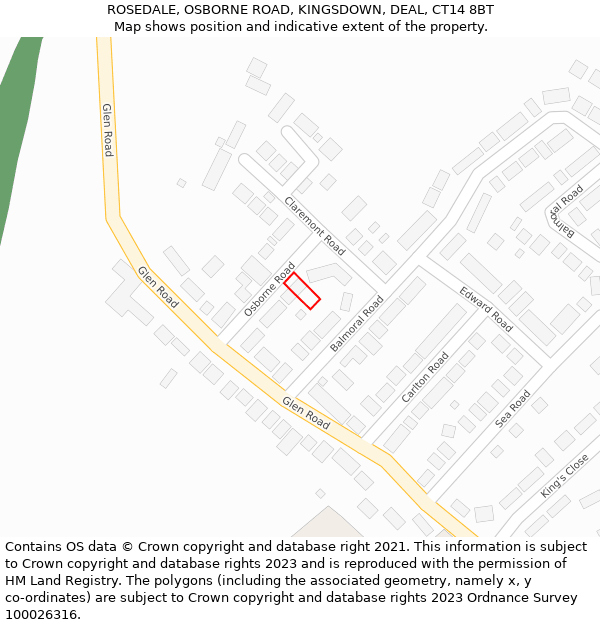 ROSEDALE, OSBORNE ROAD, KINGSDOWN, DEAL, CT14 8BT: Location map and indicative extent of plot