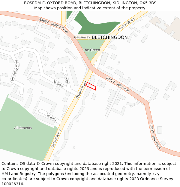 ROSEDALE, OXFORD ROAD, BLETCHINGDON, KIDLINGTON, OX5 3BS: Location map and indicative extent of plot