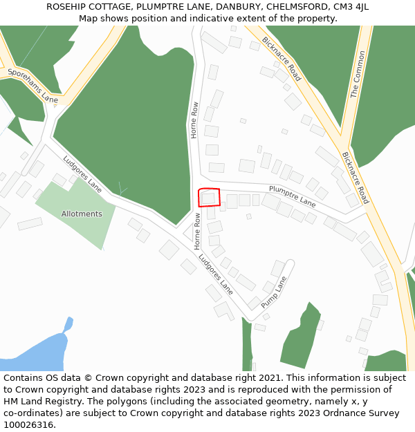 ROSEHIP COTTAGE, PLUMPTRE LANE, DANBURY, CHELMSFORD, CM3 4JL: Location map and indicative extent of plot