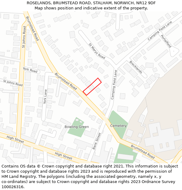 ROSELANDS, BRUMSTEAD ROAD, STALHAM, NORWICH, NR12 9DF: Location map and indicative extent of plot