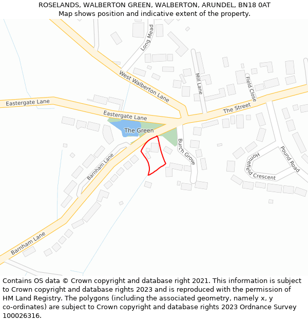 ROSELANDS, WALBERTON GREEN, WALBERTON, ARUNDEL, BN18 0AT: Location map and indicative extent of plot