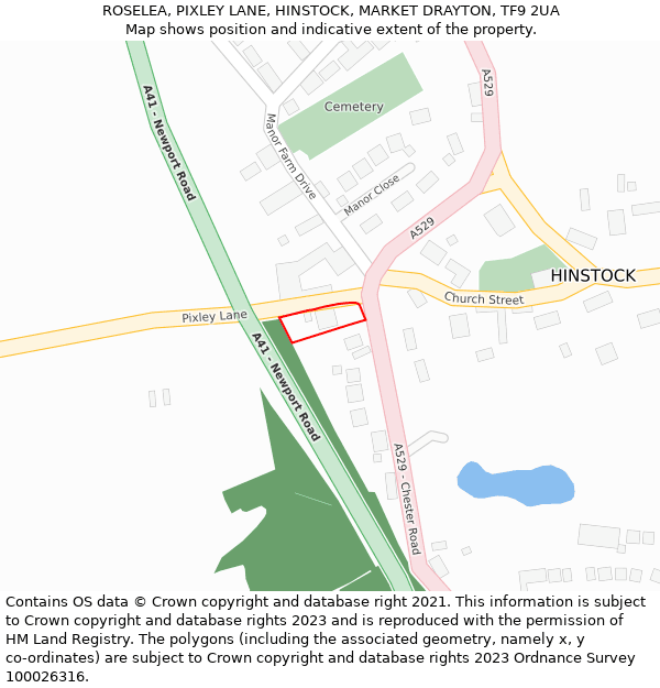 ROSELEA, PIXLEY LANE, HINSTOCK, MARKET DRAYTON, TF9 2UA: Location map and indicative extent of plot