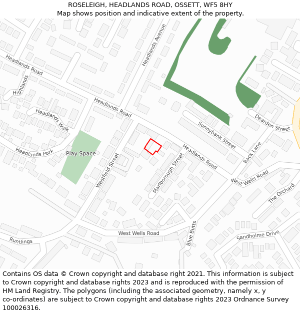 ROSELEIGH, HEADLANDS ROAD, OSSETT, WF5 8HY: Location map and indicative extent of plot