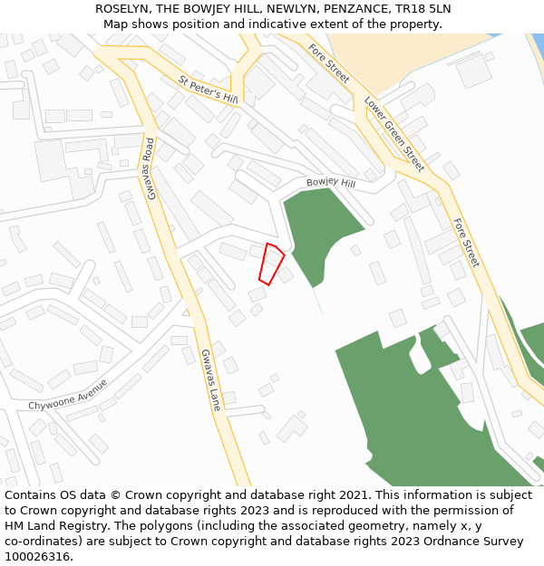 ROSELYN, THE BOWJEY HILL, NEWLYN, PENZANCE, TR18 5LN: Location map and indicative extent of plot