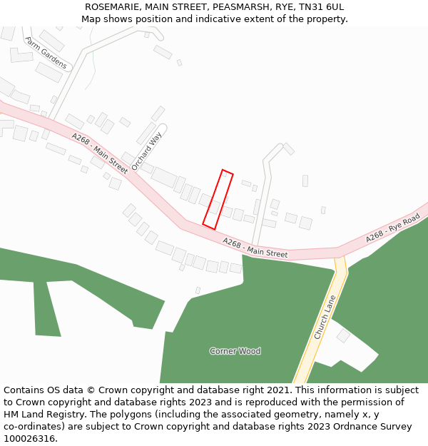 ROSEMARIE, MAIN STREET, PEASMARSH, RYE, TN31 6UL: Location map and indicative extent of plot