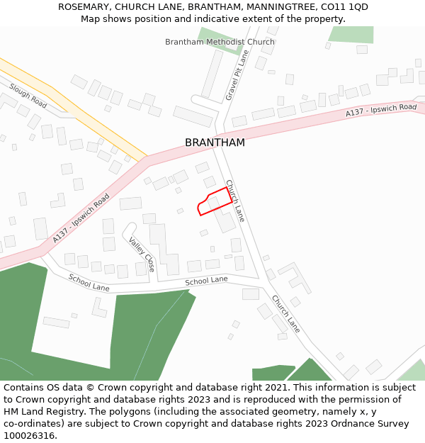 ROSEMARY, CHURCH LANE, BRANTHAM, MANNINGTREE, CO11 1QD: Location map and indicative extent of plot