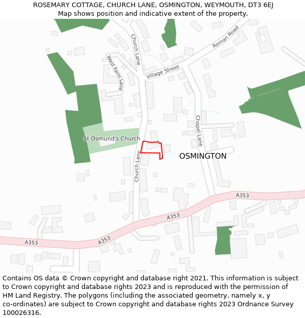 ROSEMARY COTTAGE, CHURCH LANE, OSMINGTON, WEYMOUTH, DT3 6EJ: Location map and indicative extent of plot