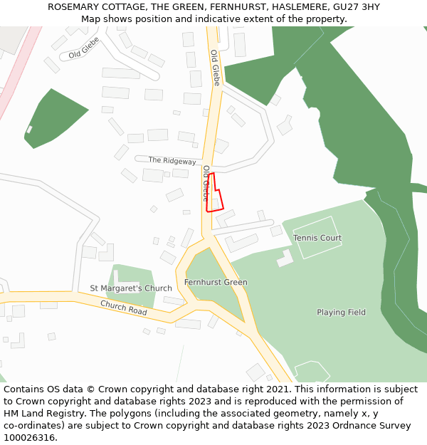 ROSEMARY COTTAGE, THE GREEN, FERNHURST, HASLEMERE, GU27 3HY: Location map and indicative extent of plot