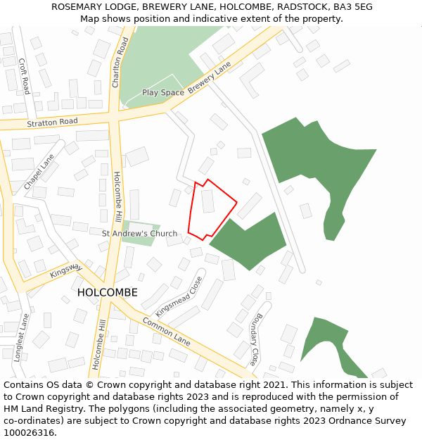 ROSEMARY LODGE, BREWERY LANE, HOLCOMBE, RADSTOCK, BA3 5EG: Location map and indicative extent of plot