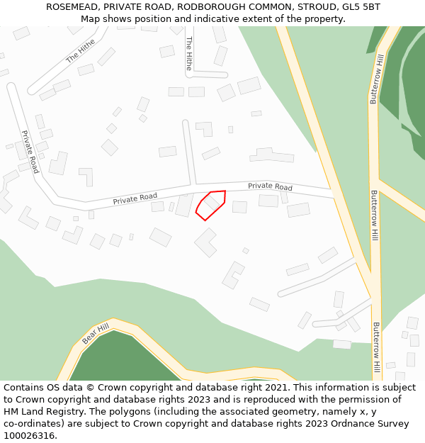 ROSEMEAD, PRIVATE ROAD, RODBOROUGH COMMON, STROUD, GL5 5BT: Location map and indicative extent of plot