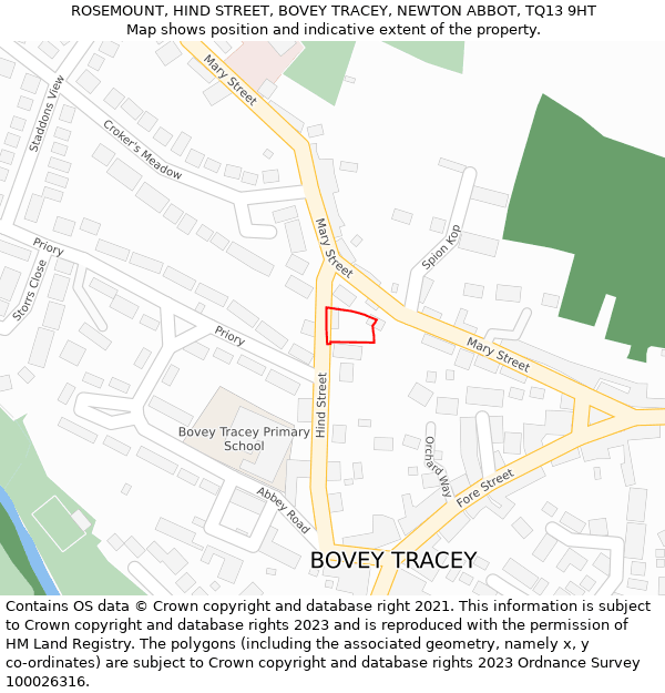 ROSEMOUNT, HIND STREET, BOVEY TRACEY, NEWTON ABBOT, TQ13 9HT: Location map and indicative extent of plot