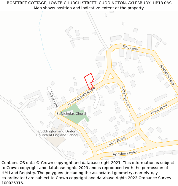 ROSETREE COTTAGE, LOWER CHURCH STREET, CUDDINGTON, AYLESBURY, HP18 0AS: Location map and indicative extent of plot