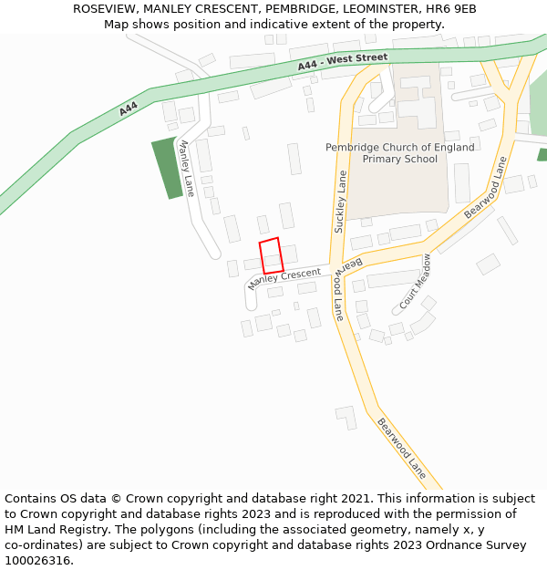ROSEVIEW, MANLEY CRESCENT, PEMBRIDGE, LEOMINSTER, HR6 9EB: Location map and indicative extent of plot