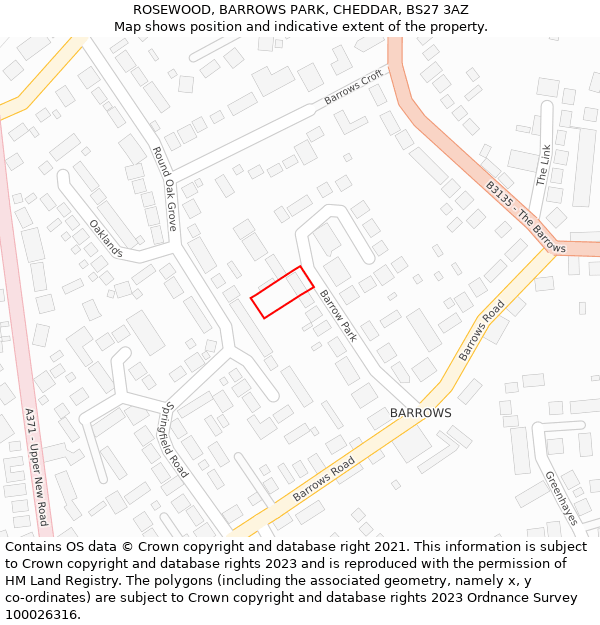 ROSEWOOD, BARROWS PARK, CHEDDAR, BS27 3AZ: Location map and indicative extent of plot