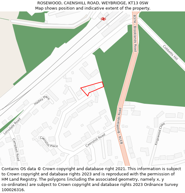 ROSEWOOD, CAENSHILL ROAD, WEYBRIDGE, KT13 0SW: Location map and indicative extent of plot