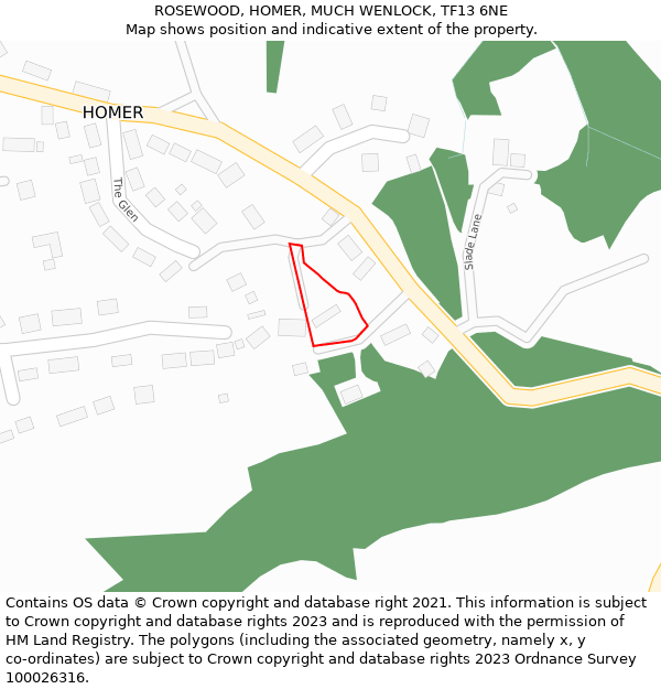 ROSEWOOD, HOMER, MUCH WENLOCK, TF13 6NE: Location map and indicative extent of plot