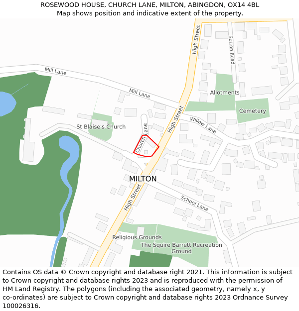 ROSEWOOD HOUSE, CHURCH LANE, MILTON, ABINGDON, OX14 4BL: Location map and indicative extent of plot