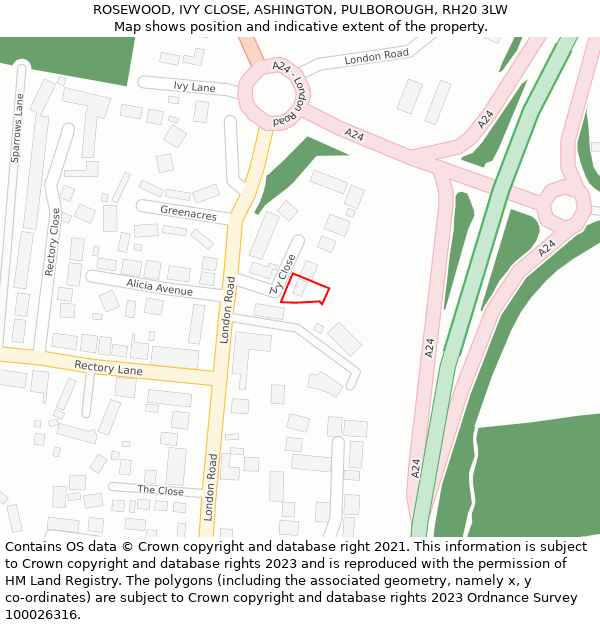 ROSEWOOD, IVY CLOSE, ASHINGTON, PULBOROUGH, RH20 3LW: Location map and indicative extent of plot