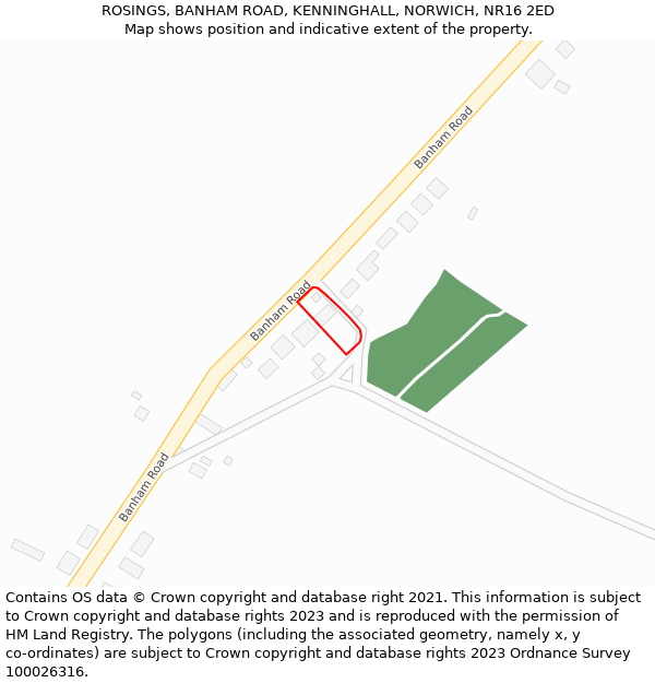 ROSINGS, BANHAM ROAD, KENNINGHALL, NORWICH, NR16 2ED: Location map and indicative extent of plot