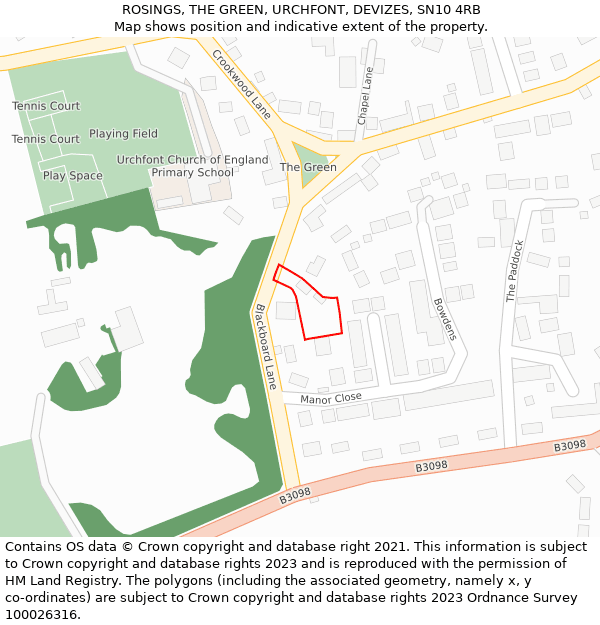 ROSINGS, THE GREEN, URCHFONT, DEVIZES, SN10 4RB: Location map and indicative extent of plot