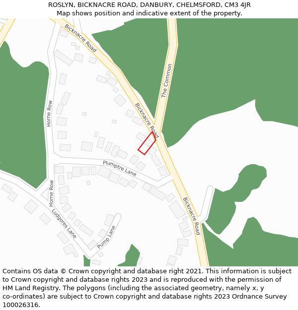ROSLYN, BICKNACRE ROAD, DANBURY, CHELMSFORD, CM3 4JR: Location map and indicative extent of plot