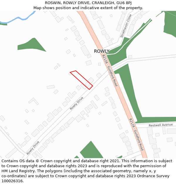 ROSWIN, ROWLY DRIVE, CRANLEIGH, GU6 8PJ: Location map and indicative extent of plot