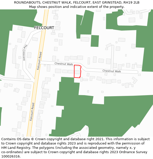ROUNDABOUTS, CHESTNUT WALK, FELCOURT, EAST GRINSTEAD, RH19 2LB: Location map and indicative extent of plot