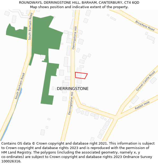 ROUNDWAYS, DERRINGSTONE HILL, BARHAM, CANTERBURY, CT4 6QD: Location map and indicative extent of plot