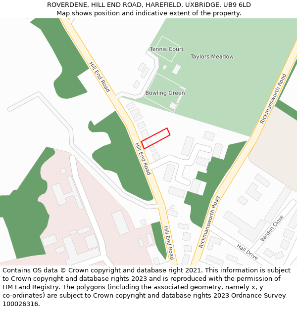 ROVERDENE, HILL END ROAD, HAREFIELD, UXBRIDGE, UB9 6LD: Location map and indicative extent of plot