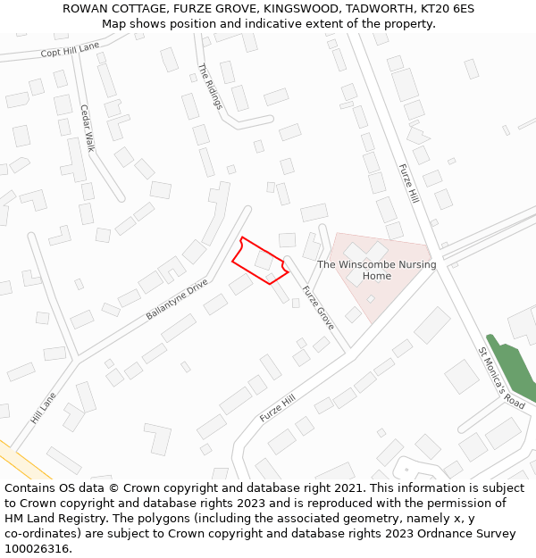 ROWAN COTTAGE, FURZE GROVE, KINGSWOOD, TADWORTH, KT20 6ES: Location map and indicative extent of plot