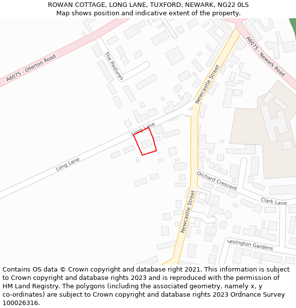 ROWAN COTTAGE, LONG LANE, TUXFORD, NEWARK, NG22 0LS: Location map and indicative extent of plot