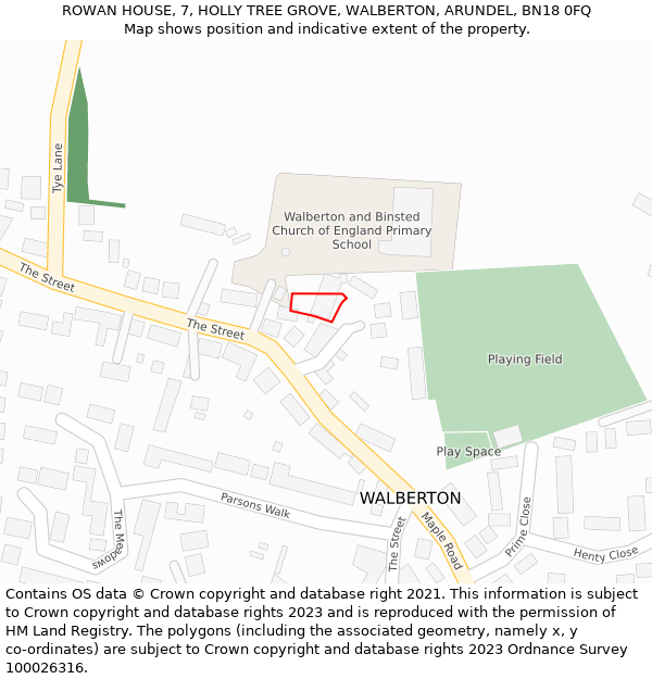 ROWAN HOUSE, 7, HOLLY TREE GROVE, WALBERTON, ARUNDEL, BN18 0FQ: Location map and indicative extent of plot