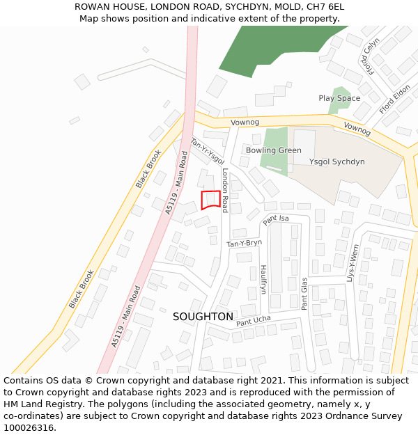 ROWAN HOUSE, LONDON ROAD, SYCHDYN, MOLD, CH7 6EL: Location map and indicative extent of plot