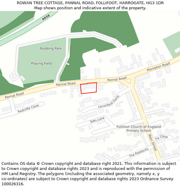 ROWAN TREE COTTAGE, PANNAL ROAD, FOLLIFOOT, HARROGATE, HG3 1DR: Location map and indicative extent of plot