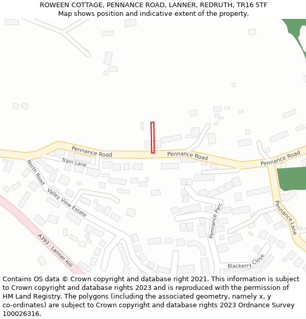 ROWEEN COTTAGE, PENNANCE ROAD, LANNER, REDRUTH, TR16 5TF: Location map and indicative extent of plot