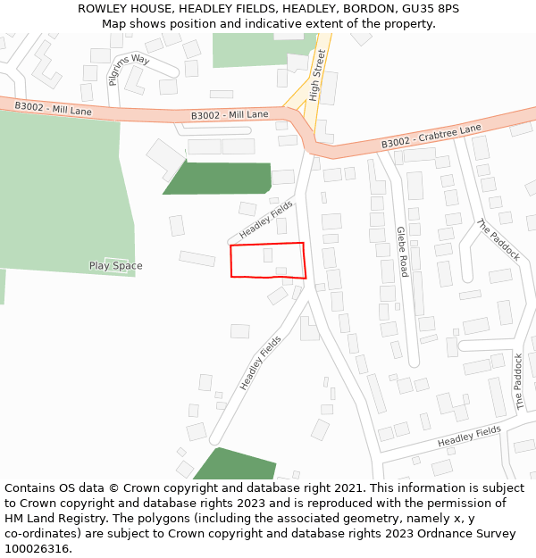 ROWLEY HOUSE, HEADLEY FIELDS, HEADLEY, BORDON, GU35 8PS: Location map and indicative extent of plot